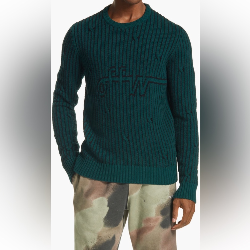 Men’s Off-White ‘logo jacquard wool blend sweater’ in ‘dark green’, size XL